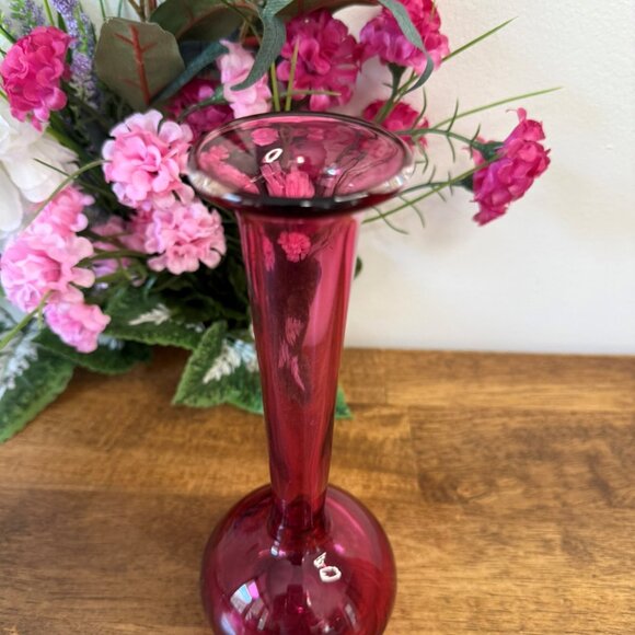 Vintage Handblown Cranberry Glass Vase Long Neck Round Base Art Glass Decor - Picture 3 of 6
